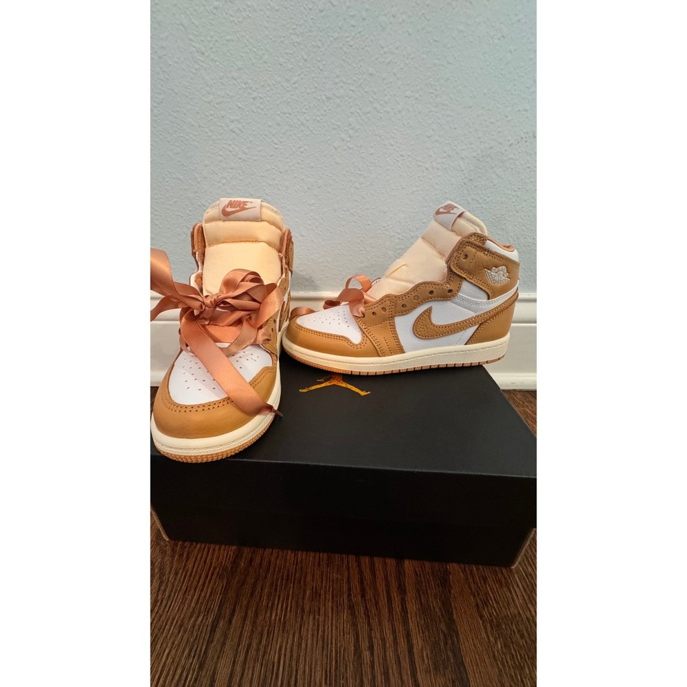 Nike Air Jordan 1 Mid Youth Sneakers – Tan / White with Satin Ribbon Laces 1Y - Picture 4 of 7